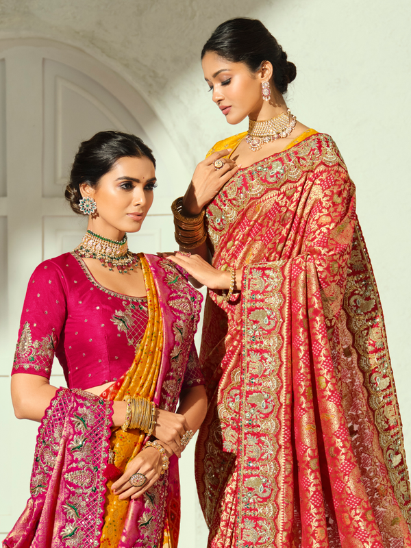 Coral Red Bandhani Banarasi Georgette Saree With Contrast Blouse