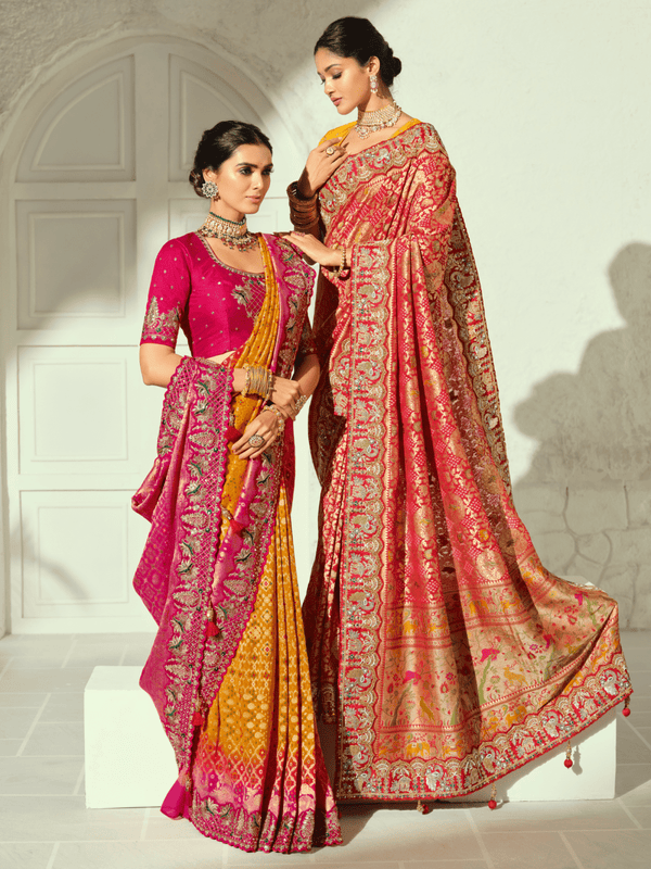 Coral Red Bandhani Banarasi Georgette Saree With Contrast Blouse