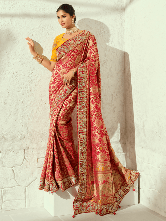 Coral Red Bandhani Banarasi Georgette Saree With Contrast Blouse