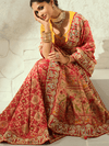 Coral Red Bandhani Banarasi Georgette Saree With Contrast Blouse
