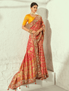 Coral Red Bandhani Banarasi Georgette Saree With Contrast Blouse