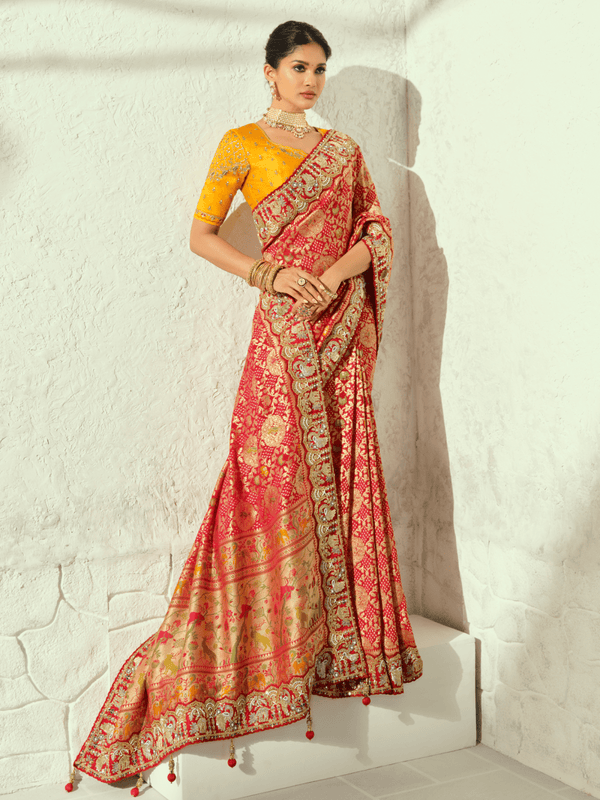 Coral Red Bandhani Banarasi Georgette Saree With Contrast Blouse