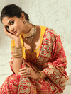 Coral Red Bandhani Banarasi Georgette Saree With Contrast Blouse