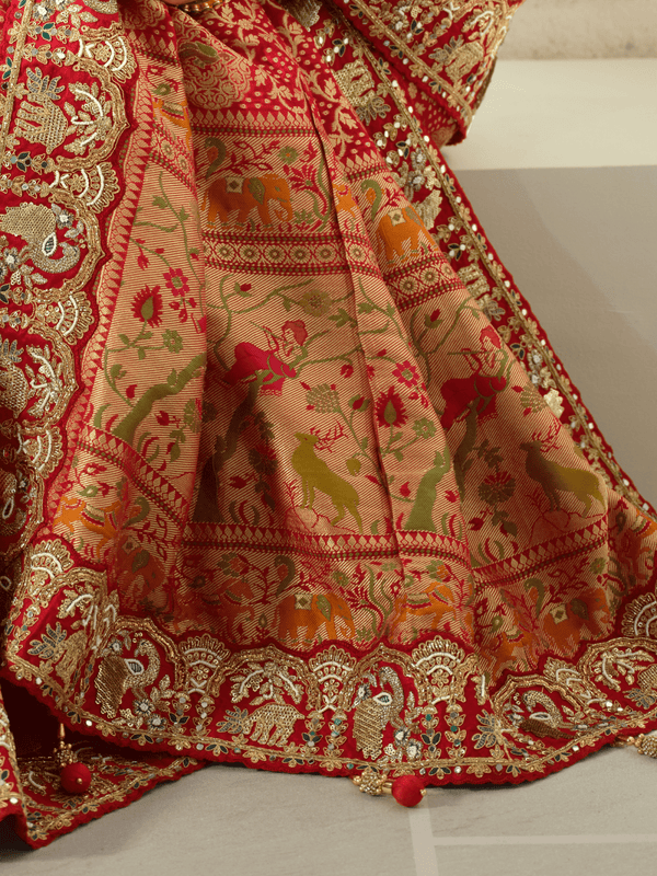 Coral Red Bandhani Banarasi Georgette Saree With Contrast Blouse