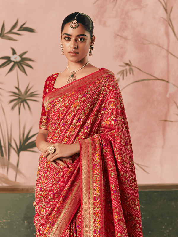Coral Red Bandhani Patola Silk Saree