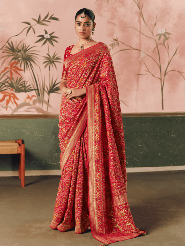 Coral Red Bandhani Patola Silk Saree