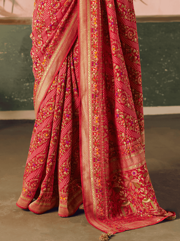 Coral Red Bandhani Patola Silk Saree