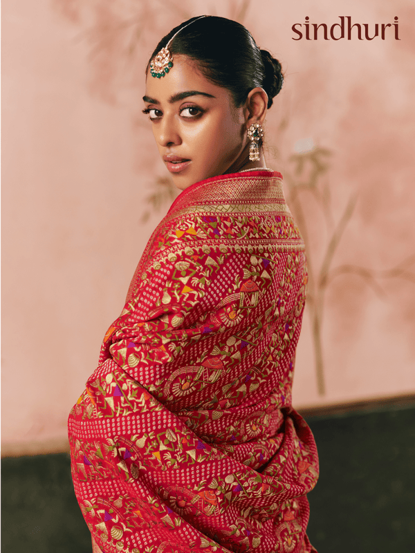 Coral Red Bandhani Patola Silk Saree