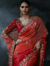 Coral Red Embroidered Designer Satin Silk Saree