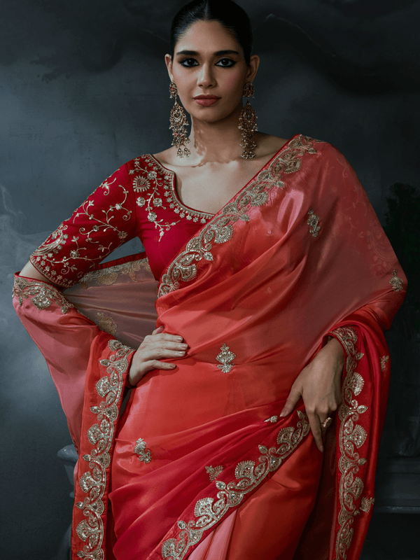 Coral Red Embroidered Designer Satin Silk Saree