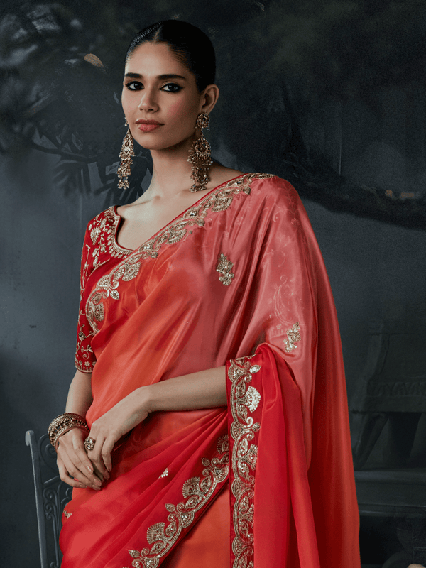 Coral Red Embroidered Designer Satin Silk Saree