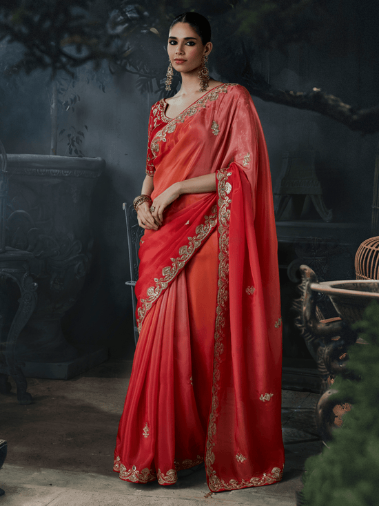 Coral Red Embroidered Designer Satin Silk Saree