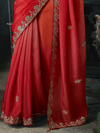 Coral Red Embroidered Designer Satin Silk Saree