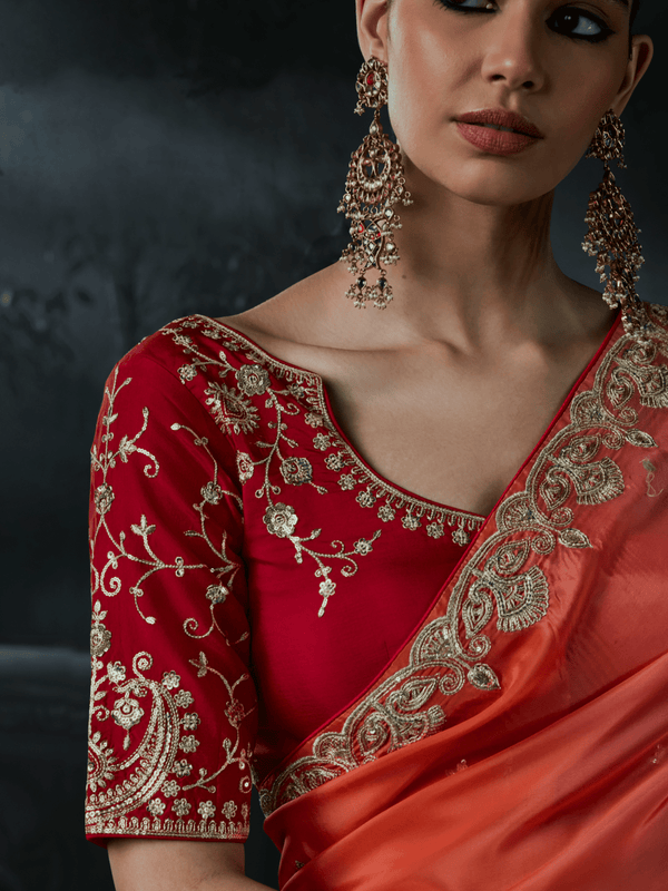 Coral Red Embroidered Designer Satin Silk Saree