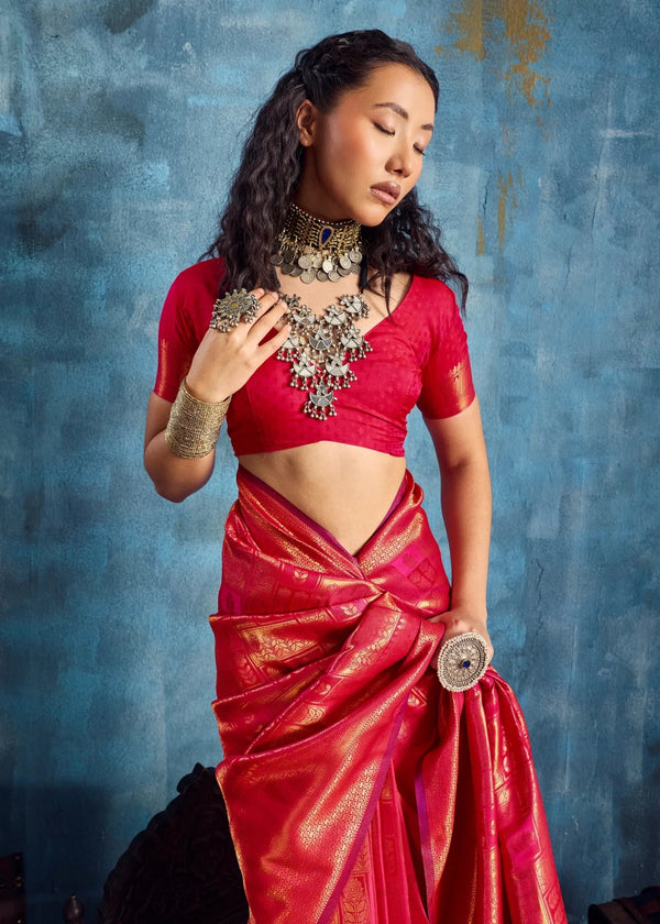 Coral Red Kanjivaram Silk Saree