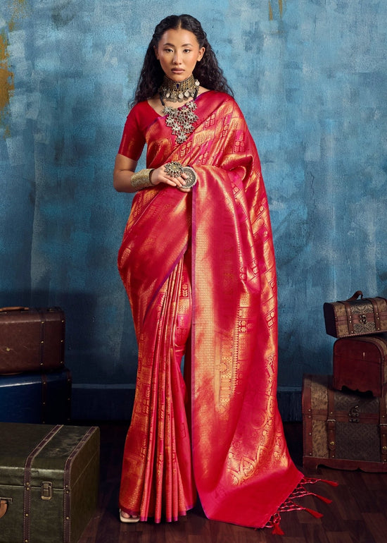 Coral Red Kanjivaram Silk Saree