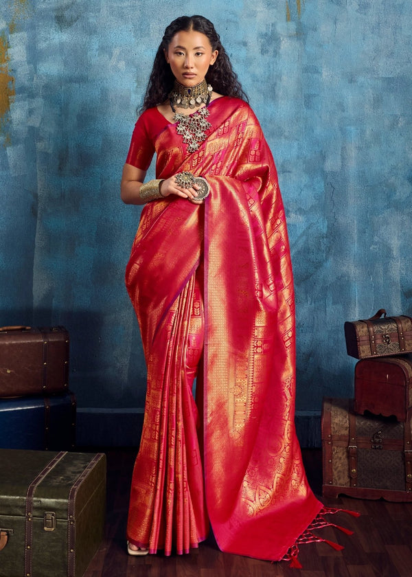 Coral Red Kanjivaram Silk Saree