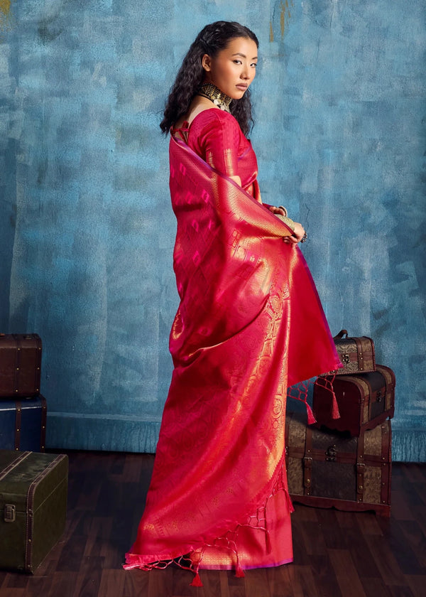 Coral Red Kanjivaram Silk Saree