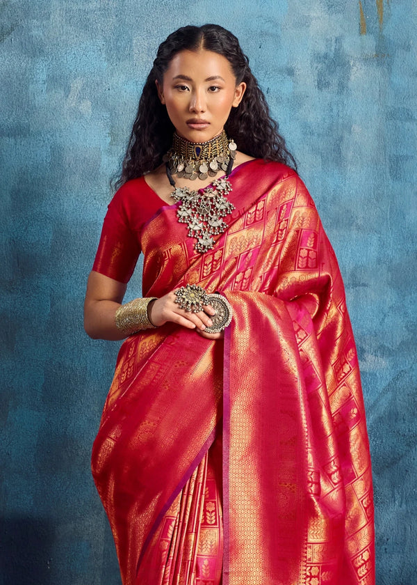 Coral Red Kanjivaram Silk Saree