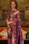 Cosmic Purple Tanchoi Handloom Weaving Satin Saree