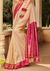 Cream and Pink Woven Kanjivaram Silk Saree