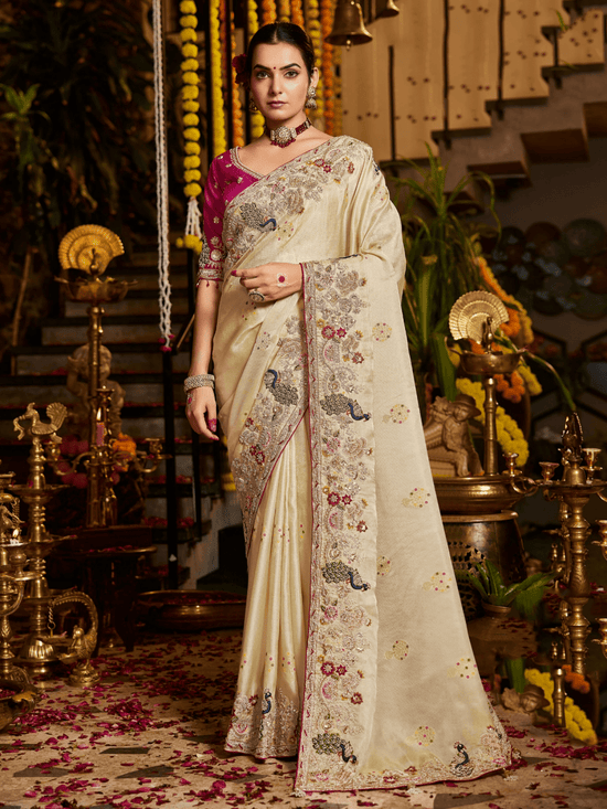 Cream Banarasi Tissue Silk Saree With Contrast Blouse