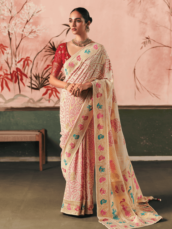 Cream Bandhani Patola Silk Saree