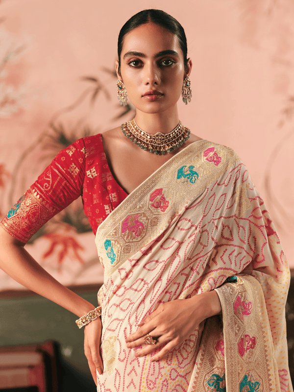 Cream Bandhani Patola Silk Saree