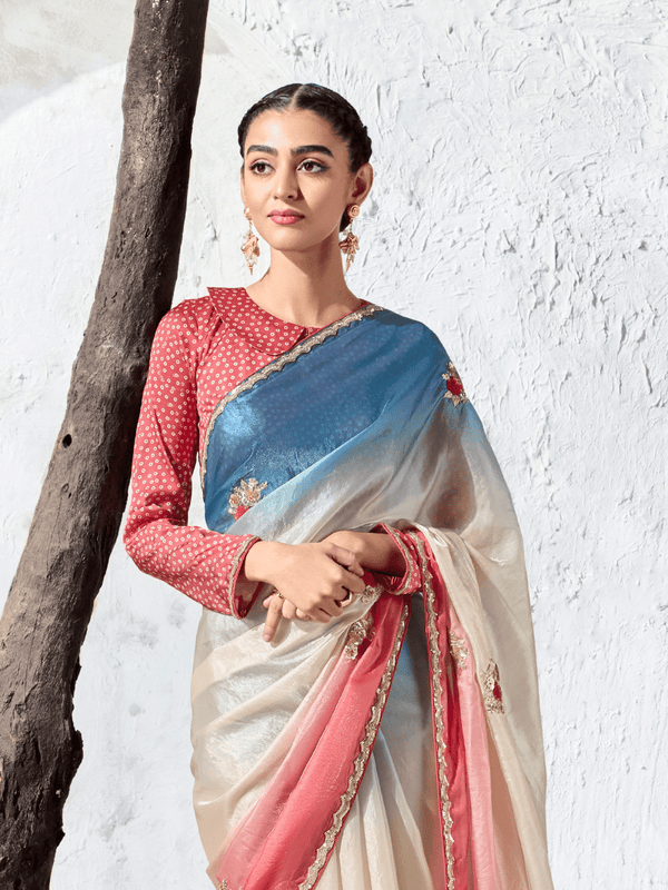 Cream Embroidered Designer Organza Silk Saree With Contrast Blouse