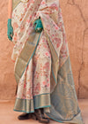 Cream Georgette Printed Saree With Teal Blue Zari Border