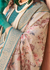 Cream Georgette Printed Saree With Teal Blue Zari Border