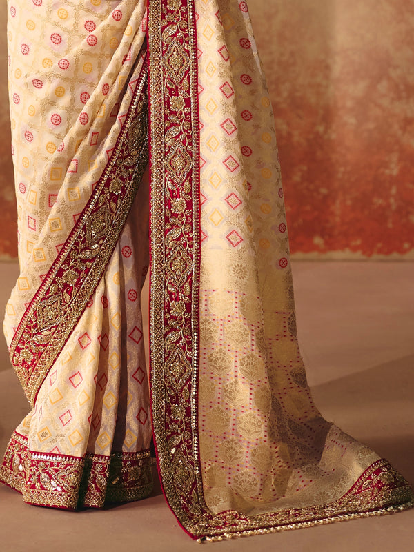 Cream Gold Bandhani Banarasi Georgette Saree, border and drape