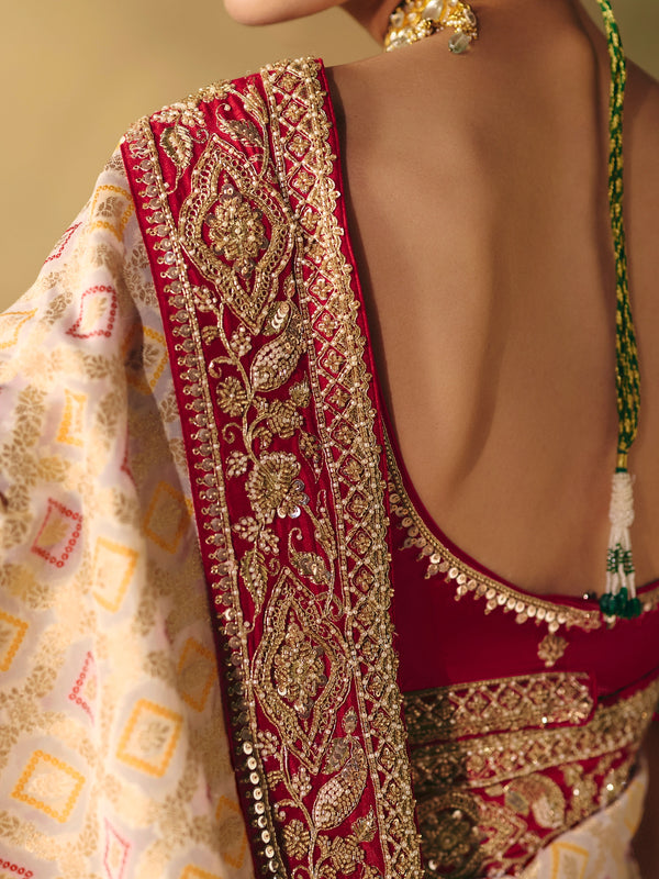 Cream Gold Bandhani Banarasi Georgette Saree, back view