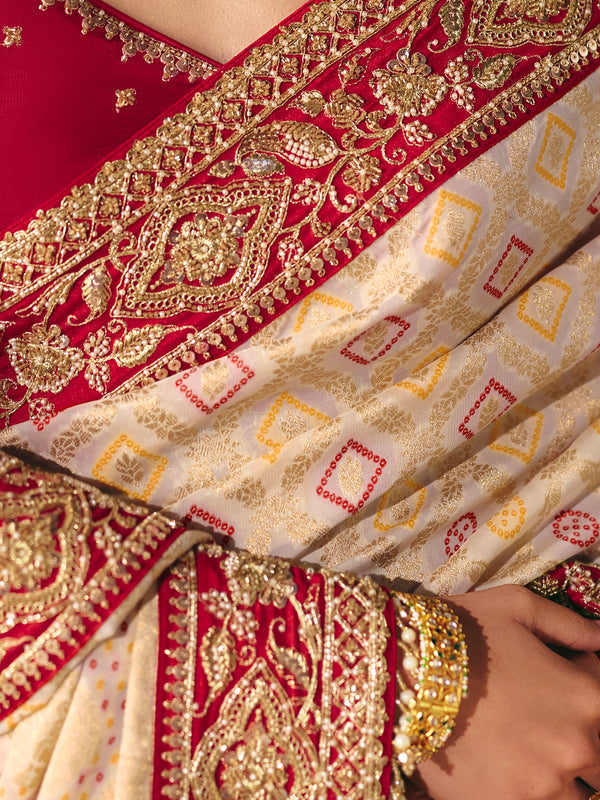 Cream Gold Bandhani Banarasi Georgette Saree, weave and work detail