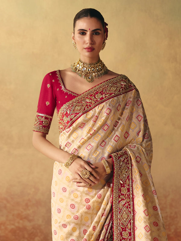 Cream Gold Bandhani Banarasi Georgette Saree, pallu and blouse