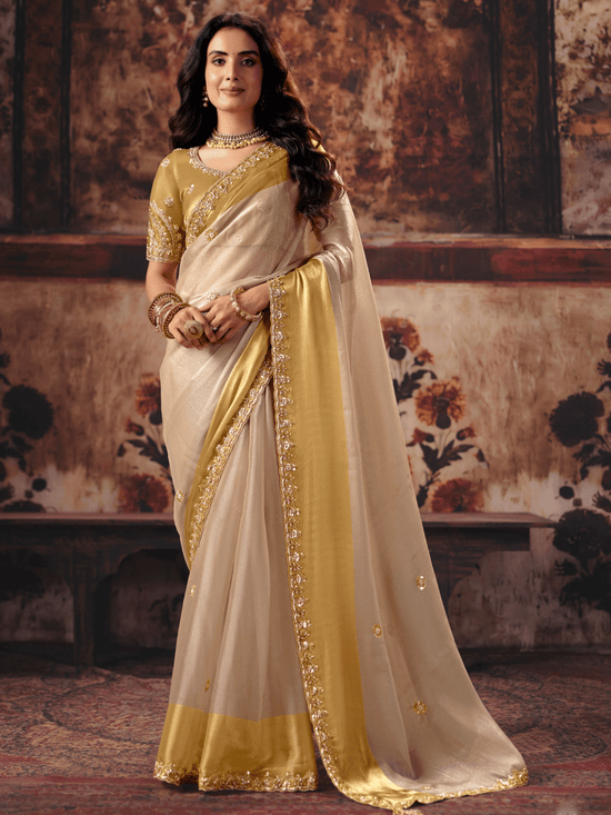 Cream Gold Embroidered Designer Tissue Silk Saree