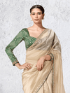 Cream Gold Embroidered Designer Tissue Silk Saree With Contrast Blouse
