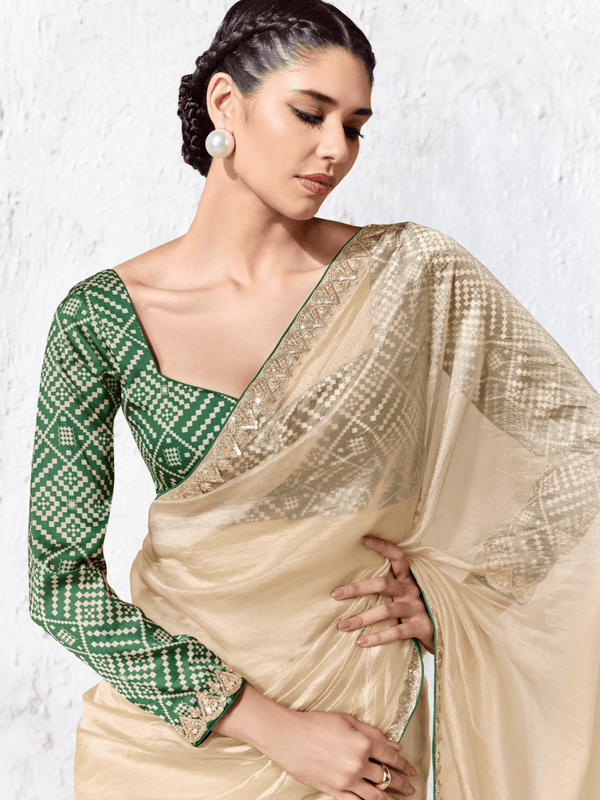 Cream Gold Embroidered Designer Tissue Silk Saree With Contrast Blouse