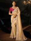 Cream Gold Embroidered Designer Tissue Silk Saree With Contrast Blouse