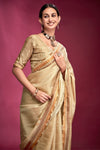 Cream Gold Woven Tussar Silk Saree