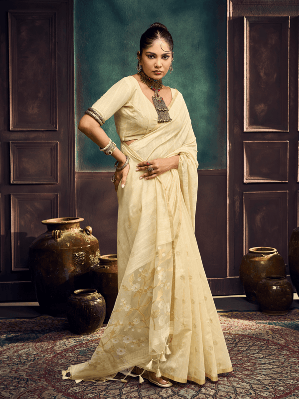 Cream Handloom Jamdani Slub Cotton Saree