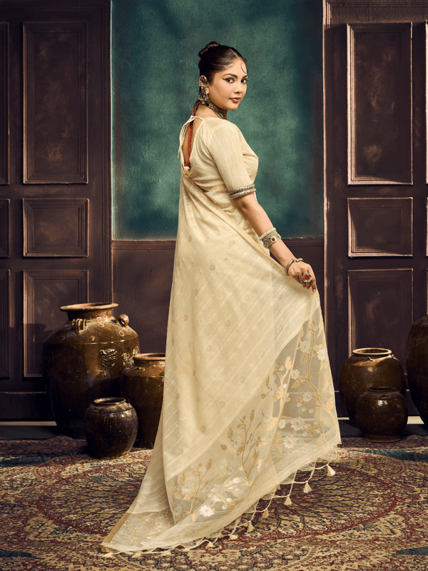 Cream Handloom Jamdani Slub Cotton Saree