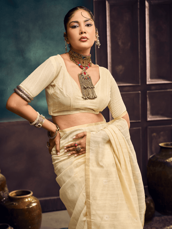 Cream Handloom Jamdani Slub Cotton Saree