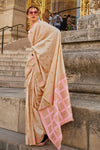 Cream Khadi South Silk Saree With Temple Border