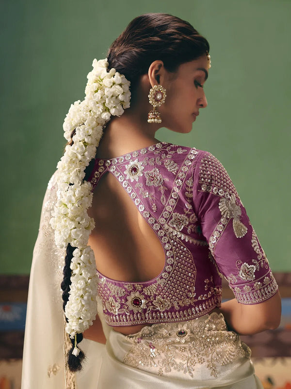 Cream Satin Silk Saree with Lilac Contrast Blouse