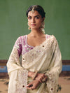 Cream Satin Silk Saree with Lilac Contrast Blouse