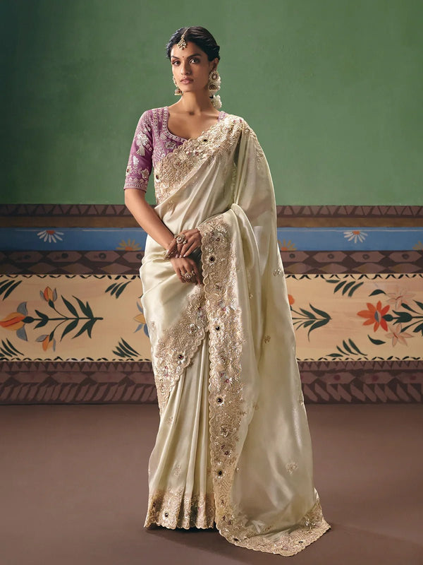 Cream Satin Silk Saree with Lilac Contrast Blouse