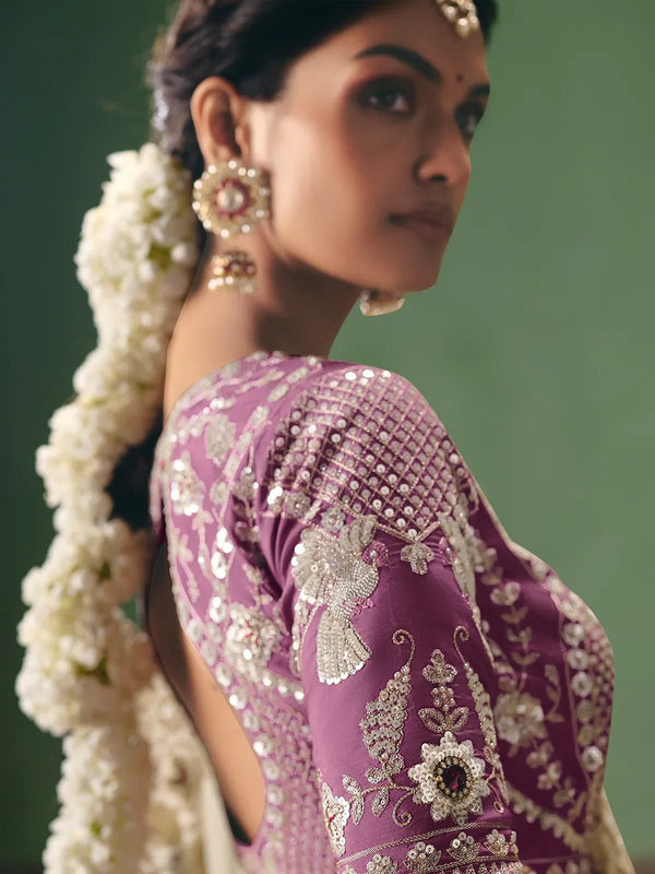 Cream Satin Silk Saree with Lilac Contrast Blouse