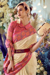 Cream Woven Banarasi Soft Silk Saree With Contrast Blouse