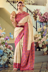 Cream Woven Banarasi Soft Silk Saree With Contrast Blouse